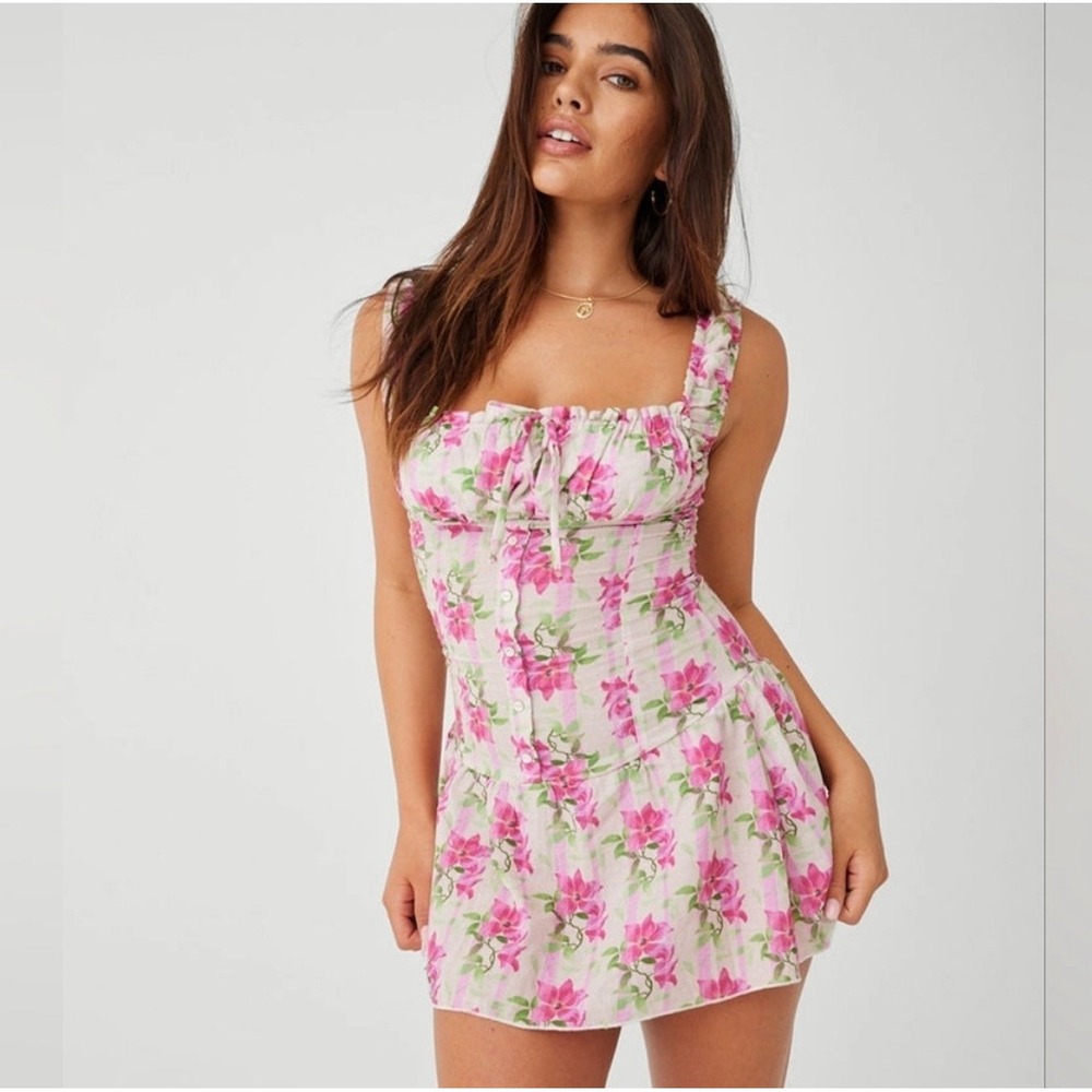 Frankies Bikinis‎ Christa Floral Stripe Corset Style Mini Dress Pink Medium